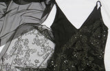 Black Glitter Print Stretch Mesh Dress And Shawl