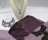 Black Amethyst Gown, bat mask, necklace, and shawl