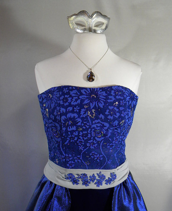 Electric Blue and Silver Sparkle Strapless Masquerade Gown Mask And Necklace