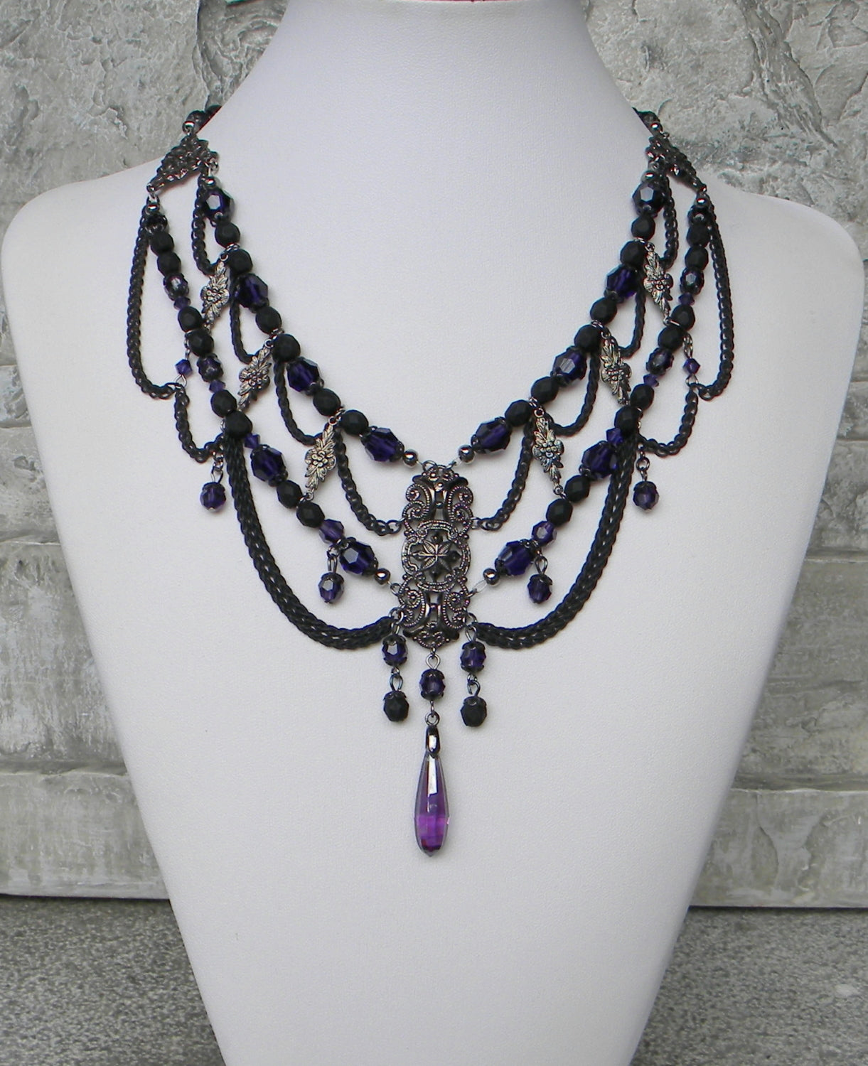 Jenna Asymmetrical Necklace in Lavender Purple Rose with Black Beads. FREE  EARRINGS