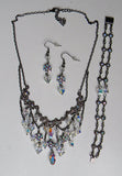 Gunmetal and Crystal AB Necklace, Bracelet, Earrings 