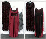 Lily Munster Dress With Cape Set In Burgundy Wine Front And Back Views
