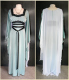 Lily Munster Muted Green Dress With Bat Necklace Front And Back Views