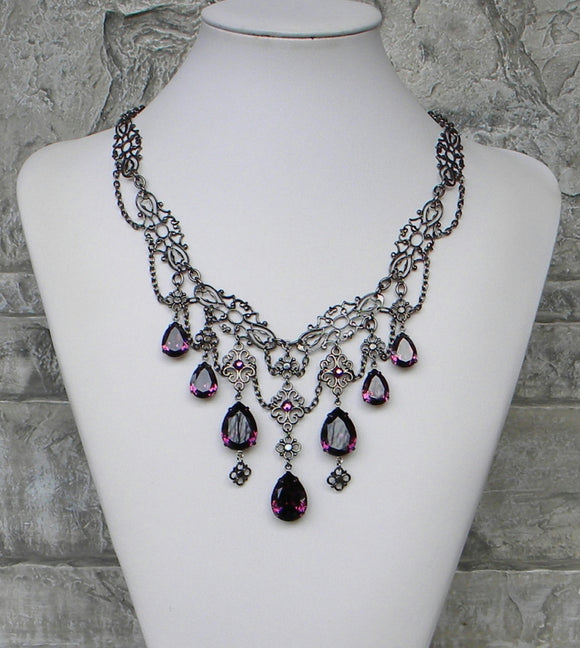 Gothic Linked Amethyst And Gunmetal Necklace