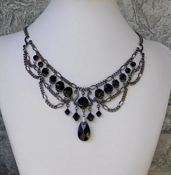 Black & Gunmetal Pear Pendant With Chain Swags Necklace