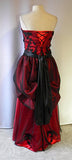 Strapless Black Lace and Red Satin Beaded Appliqued Masquerade Gown and Mask Set, back