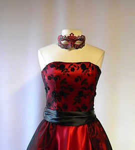 Strapless Black Lace and Red Satin Beaded Appliqued Masquerade Gown and Mask Set