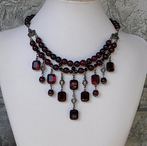Dark Garnet Red with Octagon Rhinestone Falls Necklace