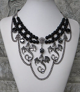 Black Dragon Lady Pewter Silver Necklace