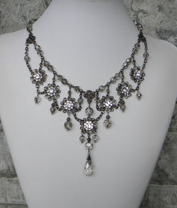 Gunmetal In Crystal Satin And Floral Glory Necklace
