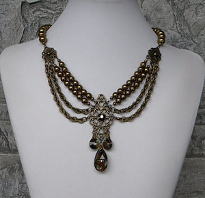 brass bronze crystal pearl necklace