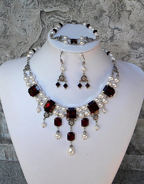 White Pearl And Garnet Grand Necklace, Bracelet, and Earring Set