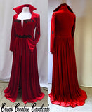 Red Velvet Vampire Long Jacket with Black Appliques Front And Back