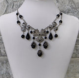 Silver Filigree Black Rhinestones Beads and Drops Necklace