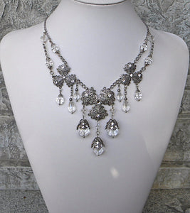Silver and Crystal Clear Victorian Style Bridal Necklace
