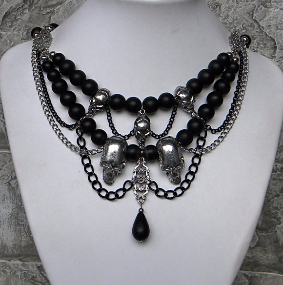 Skulls and Swags Gothic Pewter Black Necklace