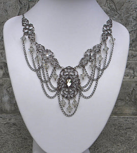 Silver Shade Swirl and Chain Swags Crystal Necklace